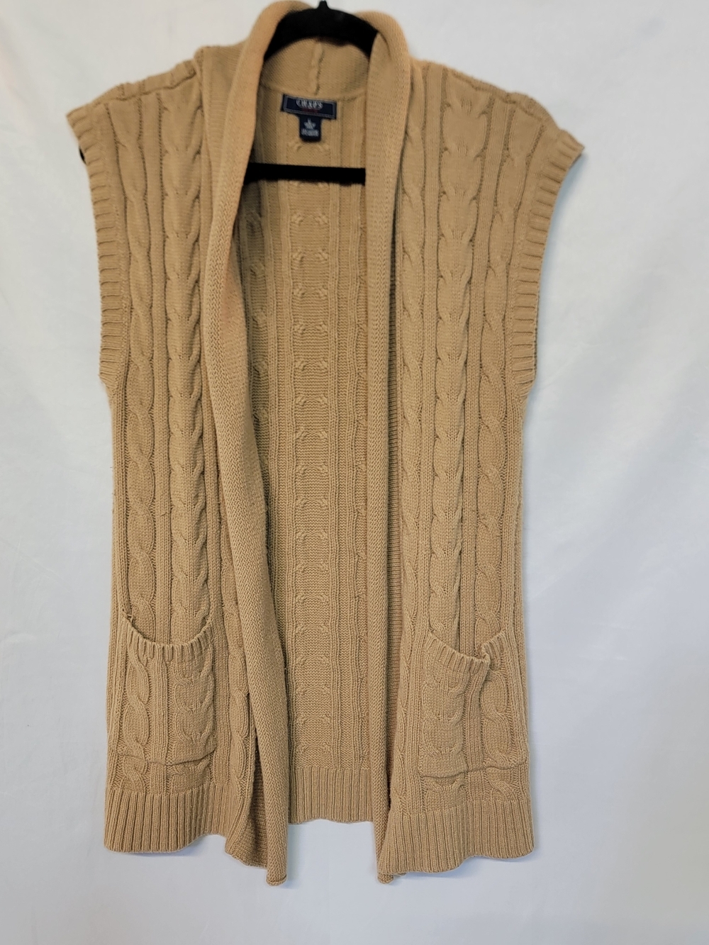 Chaps Cable Knit Sleeveless Cardigan Vest - Camel Size Large